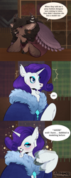 Size: 2389x5978 | Tagged: safe, artist:meadowmood, imported from twibooru, rarity, oc, pony, unicorn, yak, blushing, clothes, cloven hooves, comic, facial hair, female, flattered, flirting, goatee, image, lesbian, mare, png, sparkles, speech bubble, text