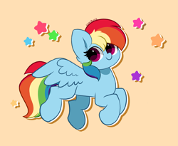 Size: 5411x4432 | Tagged: safe, artist:kittyrosie, edit, editor:edits of hate, imported from twibooru, rainbow dash, pegasus, pony, absurd resolution, female, flying, image, mare, png, simple background, solo, stars, yellow background