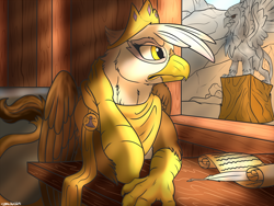 Size: 2000x1500 | Tagged: safe, artist:backlash91, imported from twibooru, gilda, griffon, fanfic:the 8th rank, clothes, crown, fanfic art, hand on neck, image, jewelry, looking out the window, parchment, png, princess gilda, quill, regalia, royalty, scarf, scroll, statue