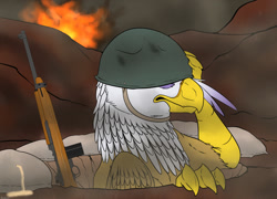 Size: 1200x863 | Tagged: safe, artist:backlash91, imported from twibooru, gilda, griffon, annoyed, can't see shit, explosion, feather, foxhole, gun, hand on head, helmet, hole, ill fitting clothes, image, m1 carbine, military, needs more jpeg, peeking, rifle, sand, sandbag, talons, war, weapon