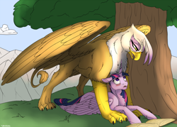 Size: 2000x1434 | Tagged: safe, artist:backlash91, imported from twibooru, gilda, twilight sparkle, alicorn, griffon, pony, blushing, book, cloud, duo, duo female, female, floppy ears, fluffy, grass, image, lesbian, looking at each other, lying down, mare, mountain, muscles, open mouth, png, reading, rippda, shipping, size difference, sky, spread wings, standing, this will end in snu snu, tree, twilda, twilight sparkle (alicorn), wings