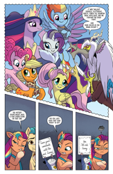 Size: 1079x1653 | Tagged: safe, idw, imported from derpibooru, applejack, discord, fluttershy, hitch trailblazer, pinkie pie, rainbow dash, rarity, sunny starscout, twilight sparkle, alicorn, spoiler:comic, spoiler:g5comic, spoiler:g5comic02, g5, mane six, my little pony: a new generation, old man discord, older, older applejack, older fluttershy, older pinkie pie, older rainbow dash, older rarity, older twilight, twilight sparkle (alicorn)