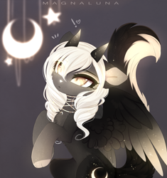 Size: 2969x3161 | Tagged: safe, artist:magnaluna, imported from derpibooru, princess luna, oc, cat, cat pony, original species, alternate design, cat tail, chest fluff, female, horns, jewelry, mare, necklace, paws, solo, tail, wings