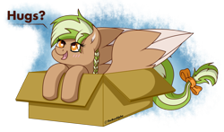 Size: 1153x676 | Tagged: safe, artist:thebenalpha, imported from derpibooru, oc, oc only, oc:sylvia evergreen, pegasus, pony, box, braided pigtails, hair tie, heart, heart eyes, hugs?, pegasus oc, pony in a box, simple background, solo, text, transparent background, wingding eyes, wings