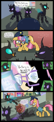 Size: 1920x4320 | Tagged: safe, artist:facelessjr, artist:mightyshockwave, imported from derpibooru, oc, oc only, oc:mimesis, oc:saccu, oc:starry skies, oc:synthesis, changeling, unicorn, alley, belt, bug spray, canterlot, collaboration, comic, police officer, purple changeling, utility belt