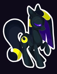 Size: 920x1200 | Tagged: safe, artist:stacy_165cut, imported from derpibooru, oc, oc only, earth pony, pony, umbreon, black background, eyes closed, female, mare, outline, pokémon, raised hoof, simple background, solo