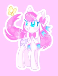 Size: 655x850 | Tagged: safe, artist:stacy_165cut, imported from derpibooru, oc, oc only, butterfly, earth pony, pony, sylveon, bow, bowtie, female, grin, mare, outline, pink background, pokémon, simple background, smiling, solo