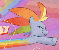 Size: 418x359 | Tagged: safe, edit, edited screencap, imported from derpibooru, screencap, rainbow dash, pegasus, pony, my little pony: pony life, the fluttershy effect, cropped, eyes closed, female, flying, g4.5, mare, multicolored hair, rainbow hair, rainbow trail, smiling, text