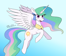 Size: 2070x1777 | Tagged: safe, artist:sharkrikka, imported from derpibooru, princess celestia, alicorn, pony, eye clipping through hair, female, flying, gradient background, horn, mare, open mouth, open smile, signature, smiling, solo, spread wings, wings