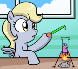 Size: 309x275 | Tagged: safe, artist:madmax, edit, imported from derpibooru, derpy hooves, pegasus, pony, bubble, cropped, female, filly, filly derpy, fire, foal, science, spread wings, test tube, window, wings, younger