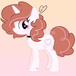 Size: 1547x1547 | Tagged: safe, artist:cutiesparke, imported from derpibooru, oc, oc only, oc:pom, pony, unicorn, :o, ahoge, alternate design, blushing, brown hair, brown mane, choker, clothes, eyelashes, female, fluffy mane, gradient background, heart, hoof heart, jewelry, lightly watermarked, looking back, open mouth, pink eyes, ponysona, scarf, show accurate, simple background, socks, solo, tail, two toned mane, watermark