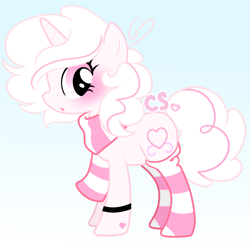 Size: 1547x1547 | Tagged: safe, artist:cutiesparke, imported from derpibooru, oc, oc only, oc:pom, pony, unicorn, :o, ahoge, alternate design, blushing, bracelet, clothes, eyelashes, female, fluffy mane, gradient background, hoof heart, jewelry, lightly watermarked, looking back, open mouth, pink eyes, ponysona, scarf, show accurate, socks, solo, stockings, striped scarf, striped socks, tail, thigh highs, two toned mane, watermark, white hair, white mane, winter coat