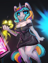 Size: 1080x1440 | Tagged: safe, artist:general-irrelevant, imported from derpibooru, oc, oc only, anthro, unicorn, black dress, blue eyes, breasts, clothes, dress, female, glowing, glowing eyes, heart, heart eyes, magic, magic aura, multicolored hair, pen, solo, wingding eyes