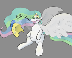 Size: 1500x1200 | Tagged: safe, artist:voraciouscutie, imported from derpibooru, princess celestia, alicorn, pony, belly, belly button, burp, burping up items, chubby, digestion, female, mare, princess vorestia, vore