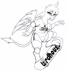 Size: 2869x3000 | Tagged: safe, artist:replica, imported from derpibooru, oc, oc only, oc:whore birb, griffon, black and white, female, grayscale, griffon oc, lineart, monochrome, simple background, skateboard, white background