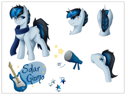 Size: 5100x3842 | Tagged: safe, artist:rinikka, imported from derpibooru, oc, oc only, oc:solar gizmo, pony, unicorn, clothes, electric guitar, guitar, horn, male, musical instrument, reference sheet, scarf, simple background, solo, stallion, unicorn oc, white background