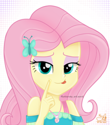 Size: 836x945 | Tagged: safe, artist:fluttershy_art.nurul, imported from derpibooru, fluttershy, human, equestria girls, :p, cute, eyeshadow, female, hairpin, hand, hungry, jewelry, kitchen eyes, licking, licking lips, lidded eyes, looking at you, makeup, necklace, simple background, smiling, solo, tongue out