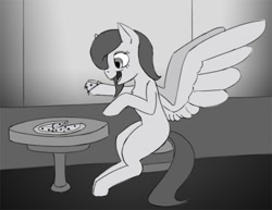 Size: 600x464 | Tagged: safe, artist:warskunk, imported from derpibooru, oc, oc only, pegasus, pony, eating, female, food, pegasus oc, pizza, solo, table