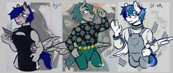 Size: 1182x503 | Tagged: safe, artist:tyotheartist1, imported from derpibooru, oc, oc:aquos crest, oc:blue crest, oc:orion snow, anthro, pegasus, crossdressing, male, pegasus oc, stallion