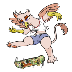 Size: 728x725 | Tagged: safe, artist:jargon scott, imported from derpibooru, oc, oc only, oc:whore birb, griffon, clothes, female, griffon oc, kickflip, paw pads, paws, shorts, simple background, skateboard, solo, underpaw, white background