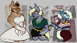 Size: 1071x606 | Tagged: safe, artist:tyotheartist1, imported from derpibooru, oc, oc:frosty swords, oc:lemon eye, oc:royal ranks, anthro, bat pony, earth pony, beard, clothes, crossdressing, dress, facial hair, gloves, jewelry, lipstick, male, necklace, pearl necklace, ring, scar, skirt, stallion