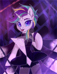 Size: 1920x2484 | Tagged: safe, artist:auroracursed, imported from derpibooru, rarity, semi-anthro, unicorn, alternate hairstyle, chains, choker, clothes, deviantart watermark, dress, female, fishnet clothing, microphone, obtrusive watermark, punk, raripunk, solo, watermark