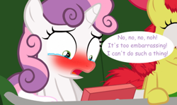 Size: 586x349 | Tagged: safe, artist:jan, imported from derpibooru, apple bloom, sweetie belle, earth pony, pony, unicorn, bag, blushing, bow, computer, crying, dialogue, female, filly, foal, hair bow, horn, laptop computer, lift, messy mane, need to pee, potty time, saddle bag, scared, shocked, shrunken pupils, speech bubble, sweetie blush, teary eyes, text, wide eyes