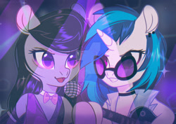 Size: 1920x1358 | Tagged: safe, artist:auroracursed, imported from derpibooru, dj pon-3, octavia melody, vinyl scratch, earth pony, pony, semi-anthro, unicorn, deviantart watermark, electric guitar, female, guitar, microphone, musical instrument, obtrusive watermark, watermark