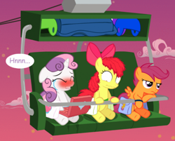 Size: 488x393 | Tagged: safe, artist:jan, imported from derpibooru, apple bloom, scootaloo, sweetie belle, earth pony, pegasus, pony, unicorn, ask the crusaders, vocational death cruise, accident, acrophobia, bag, blushing, cloud, computer, crying, cutie mark crusaders, dialogue, embarrassed, eyes closed, female, filly, floppy ears, foal, helmet, laptop computer, lift, messy mane, pissing, potty failure, saddle bag, scootaloo is not amused, shocked, sitting, sky, speech bubble, stars, sunset, sweetie blush, text, unamused, urine, wavy mouth, wetting, wide eyes