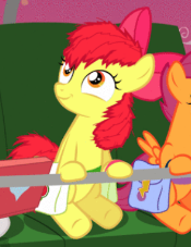 Size: 175x227 | Tagged: safe, artist:jan, imported from derpibooru, apple bloom, scootaloo, earth pony, pegasus, pony, vocational death cruise, bag, bow, computer, female, filly, foal, hair bow, laptop computer, lift, messy mane, saddle bag, sky, smiling, spread wings, stars, sunset, wings