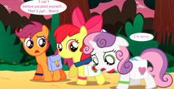 Size: 780x398 | Tagged: safe, artist:jan, imported from derpibooru, apple bloom, scootaloo, sweetie belle, earth pony, pegasus, pony, unicorn, ask the crusaders, vocational death cruise, apology, bag, bow, cloud, confused, cutie mark crusaders, dialogue, female, filly, floppy ears, foal, hair bow, horn, implied urine, implied wetting, sad, saddle bag, speech bubble, stars, sunset, text, wings