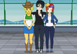 Size: 828x583 | Tagged: safe, artist:chrisbennettsonic, imported from derpibooru, applejack, rainbow dash, human, equestria girls, belt, boots, casey jones, clothes, cowboy boots, cowboy hat, crossover, denim, hat, humanized, jeans, kisekae, pants, shirt, shoes, skirt, socks, teenage mutant ninja turtles