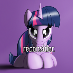 Size: 832x838 | Tagged: safe, artist:eels, derpibooru exclusive, imported from derpibooru, twilight sparkle, pony, unicorn, female, looking at you, mare, ponified, ponified animal photo, ponyloaf, prone, purple background, reference in the description, solo, text, unicorn twilight