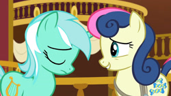 Size: 3410x1920 | Tagged: safe, imported from derpibooru, screencap, bon bon, lyra heartstrings, sweetie drops, earth pony, pony, unicorn, season 5, slice of life (episode), duo, eyes closed, female, high res, mare, ponyville town hall, smiling, upscaled