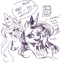 Size: 765x765 | Tagged: safe, artist:nire, imported from derpibooru, princess celestia, princess luna, alicorn, pony, angry, bust, calendar, dialogue, duo, female, mare, monochrome, royal sisters, siblings, simple background, sisters, speech bubble, white background