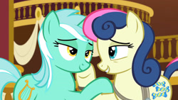 Size: 3410x1920 | Tagged: safe, imported from derpibooru, screencap, bon bon, lyra heartstrings, sweetie drops, earth pony, pony, unicorn, season 5, slice of life (episode), 100th episode, adventure in the comments, bedroom eyes, best friends, duo, female, friendship, grin, high res, holding hooves, hug, larson you magnificent bastard, lidded eyes, looking at each other, looking at someone, mare, out of context, ponyville town hall, rope, secret agent sweetie drops, smiling, smiling at each other, upscaled, walls of comments