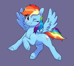 Size: 3600x3200 | Tagged: safe, artist:aquaticvibes, imported from derpibooru, rainbow dash, pegasus, pony, female, full body, high res, mare, one eye closed, purple background, simple background, solo, wink