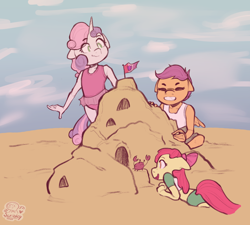 Size: 2000x1800 | Tagged: safe, artist:scribleydoodles, imported from derpibooru, apple bloom, scootaloo, sweetie belle, anthro, crab, earth pony, pegasus, unicorn, beach, clothes, cutie mark crusaders, eyes closed, female, grin, one-piece swimsuit, sandcastle, smiling, swimsuit, trio, trio female