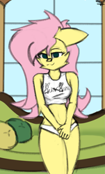 Size: 1607x2657 | Tagged: safe, artist:toxinagraphica, imported from derpibooru, fluttershy, anthro, pegasus, :3, bed hair, bedroom eyes, breasts, busty fluttershy, cheek fluff, clothes, colored sketch, couch, dishevelled, ear fluff, female, floppy ears, fluffy, high res, mare, pillow, signature, sketch, sleepy, smiling, solo, top, underwear, wall, window