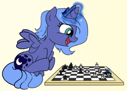 Size: 491x354 | Tagged: safe, artist:sketchyjackie, edit, imported from derpibooru, princess luna, alicorn, pony, gamer luna, chess, chessboard, chessboard incorrectly oriented, cropped, crown, female, filly, foal, horn, jewelry, magic, moon, regalia, s1 luna, smiling, spread wings, wings, woona, young luna, younger