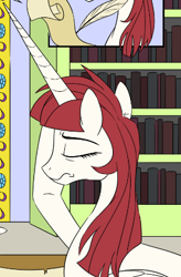 Size: 307x468 | Tagged: safe, artist:sketchyjackie, edit, imported from derpibooru, oc, oc only, oc:fausticorn, alicorn, pony, book, bookshelf, cropped, eyes closed, facehoof, female, frown, horn, lauren faust, lauren faust is not amused, mare, quill, scroll, solo, unamused, writing