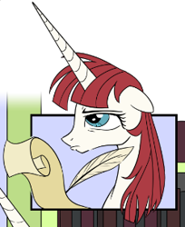Size: 248x304 | Tagged: safe, artist:sketchyjackie, edit, imported from derpibooru, oc, oc only, oc:fausticorn, alicorn, pony, book, bookshelf, cropped, female, floppy ears, frown, horn, lauren faust, lauren faust is not amused, mare, quill, scroll, solo, unamused, writing