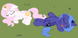 Size: 374x183 | Tagged: safe, artist:sketchyjackie, edit, imported from derpibooru, princess celestia, princess luna, alicorn, pony, :p, cropped, crown, duo, eyes closed, female, filly, filly celestia, filly luna, foal, grass, horn, jewelry, lying down, moon, on back, pink-mane celestia, playing dead, regalia, royal sisters, s1 luna, siblings, sisters, sleeping, sun, tongue out, wings, woona, young, young celestia, young luna, younger