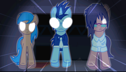 Size: 640x366 | Tagged: safe, artist:jan, edit, imported from derpibooru, drizzledrips, neon lights, rising star, oc, oc:hawkesho, earth pony, ghost, ghost pony, pegasus, pony, unicorn, ask the crusaders, vocational death cruise, angry, clothes, cropped, frown, glasses, glowing, glowing eyes, horn, palindrome get, scary shiny glasses, see-through, show accurate, wings