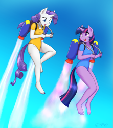 Size: 1059x1200 | Tagged: safe, artist:empyu, imported from derpibooru, rarity, twilight sparkle, anthro, plantigrade anthro, unicorn, breasts, clothes, duo, feet, flying, jetpack, leotard, open mouth, requested art