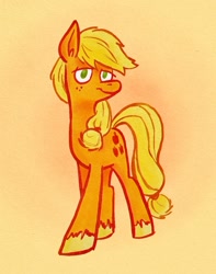 Size: 1157x1471 | Tagged: safe, artist:horsewizardart, imported from derpibooru, applejack, earth pony, pony, female, full body, gradient background, hatless, lidded eyes, looking at you, mare, missing accessory, no pupils, smiling, smiling at you, solo, standing, unshorn fetlocks