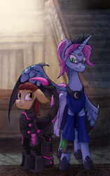 Size: 1280x2043 | Tagged: safe, artist:bob-finnski, imported from derpibooru, oc, oc:stardust, oc:strawberry sunrise, alicorn, bat pony, bat pony alicorn, earth pony, pony, fallout equestria, armor, bat wings, clothes, dress, fallout, horn, power armor, tenpony tower, wings