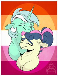 Size: 1280x1664 | Tagged: safe, artist:will-owl-the-wisp, imported from derpibooru, bon bon, lyra heartstrings, sweetie drops, earth pony, pony, unicorn, alternate hairstyle, duo, duo female, eyes closed, female, floppy ears, lesbian, lesbian pride flag, lyrabon, mare, neck nuzzle, pride, pride flag, shipping