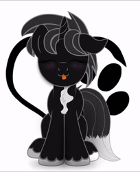 Size: 600x736 | Tagged: safe, artist:bastbrushie, imported from derpibooru, oc, oc only, oc:dog whisperer, pony, unicorn, :p, animated, black fur, blushing, brown eyes, chest fluff, cute, fluffy tail, fox tail, gray mane, high res, hooves, horn, looking at you, male, sitting, solo, stallion, tail, tail fluff, tongue out, unshorn fetlocks, white fur