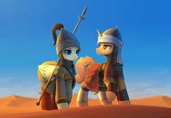 Size: 3646x2503 | Tagged: safe, artist:dipfanken, imported from derpibooru, oc, oc only, pegasus, pony, unicorn, armor, blue eyes, chainmail, desert, duo, helmet, high res, looking at someone, sand, spear, weapon, yellow eyes